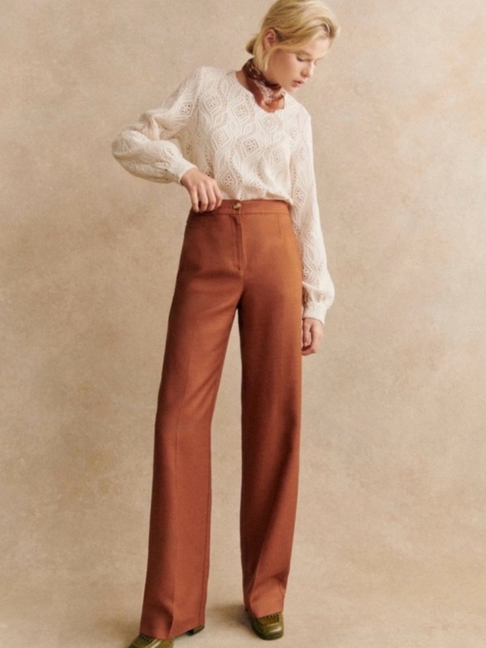 Sezane Navy High-Rise Wide-Leg Trousers